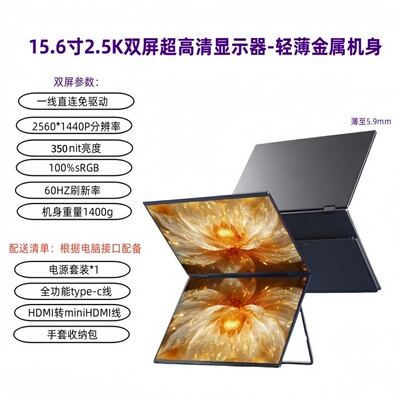 16寸2.5K双屏便携显示器笔记本电脑扩展分屏炒股外接副多屏/触摸