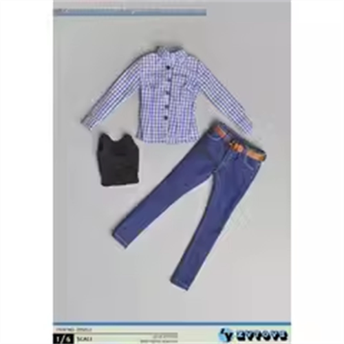 现货 1/6 女兵人衣服 ZY5012 蓝色格子牛仔套装 模型 配件