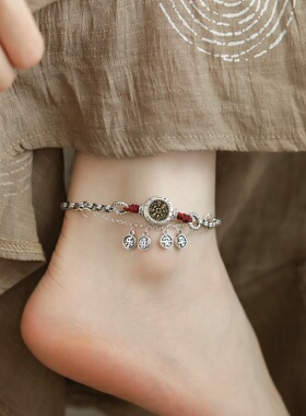 叶优里原创设计夏季脚链山鬼花钱纯银S925平安喜乐足链小众高级感