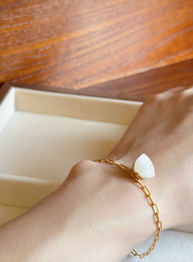 叶优里纯银S925和田白玉手链纯银镀金复古手链