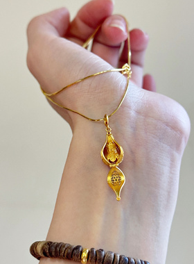 叶优里藏式纯银精致S925扎基拉姆古法银镀金镂空项链吊坠蛇骨链