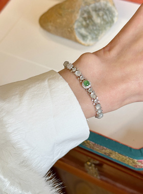 叶优里天然缅甸A货翡翠手链女s925银镶嵌天然玉石A货简约款