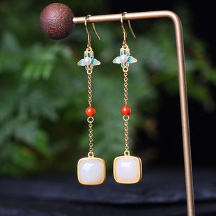 S925银镀18K金镶新疆和田白玉方形宫廷复古耳钉耳坠耳线耳饰礼品