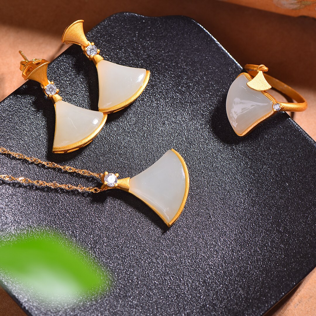 S925银镀18K金镶和田白玉裙形汉服配饰复古套装吊坠戒指耳坠一套