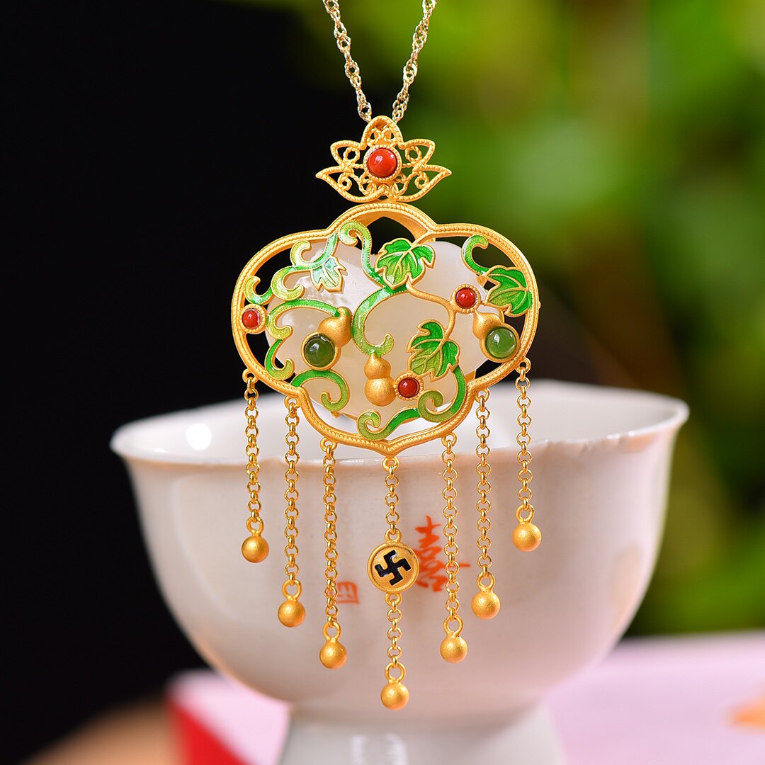 S925银镀18K金镶和田玉白玉如意锁宫廷复古吊坠汉服配饰玉坠项链