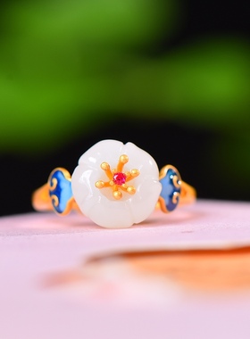 S925银镀18K金镶和田玉白玉莲花女宫廷复古戒指戒圈汉服配饰指环