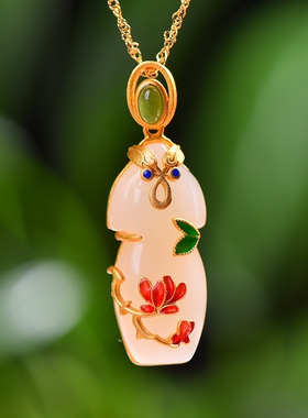 S925银镀18K金镶和田白玉旗袍珐琅宫廷复古吊坠汉服配饰玉坠项链