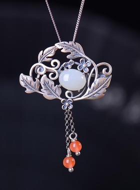 S925银镀18K金镶和田白玉胸针珐琅宫廷复古吊坠汉服配饰玉坠项链