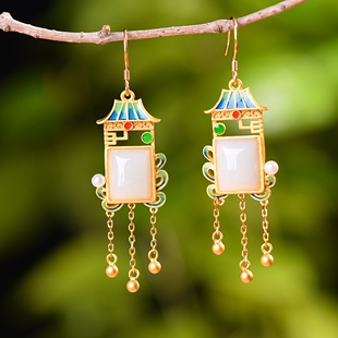 S925银镀18K金镶新疆和田白玉方形宫廷复古耳钉耳坠耳线耳饰礼品