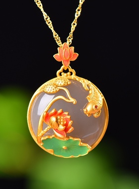 S925银镀18K金镶和田玉鼓面金鱼女宫廷复古吊坠汉服配饰玉坠项链