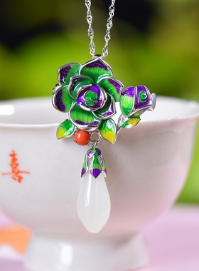 S925银镀18K金镶和田玉白玉玉兰花宫廷复古吊坠汉服配饰玉坠项链