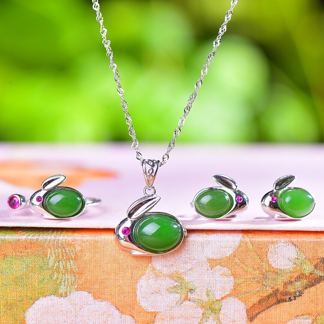 S925银镀18K金镶和田碧玉兔子汉服配饰复古套装吊坠戒指耳坠一套