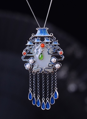 S925银镀18K金镶和田白玉盾牌珐琅宫廷复古吊坠汉服配饰玉坠项链