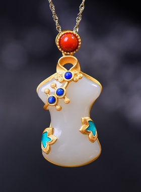 S925银镀18K金镶和田白玉旗袍珐琅宫廷复古吊坠汉服配饰玉坠项链