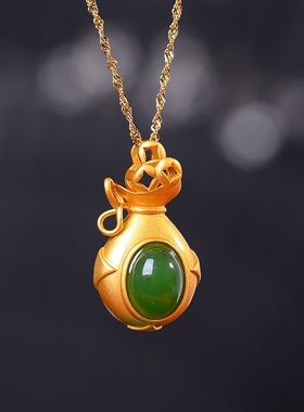 S925银镀18K金镶和田碧玉蛋面珐琅宫廷复古吊坠汉服配饰玉坠项链