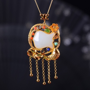 S925银镀18K金镶和田白玉遁形珐琅宫廷复古吊坠汉服配饰玉坠项链