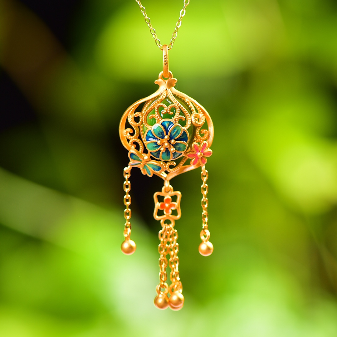 S925银镀18K金镶和田玉碧玉蛋面女宫廷复古吊坠汉服配饰玉坠项链