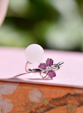 S925银镀18K金镶和田玉白玉圆珠女宫廷复古戒指戒圈汉服配饰指环