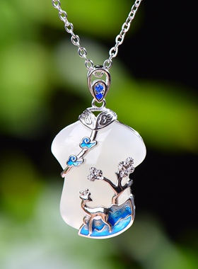 S925银镀18K金镶和田玉白玉鹿旗袍宫廷复古吊坠汉服配饰玉坠项链