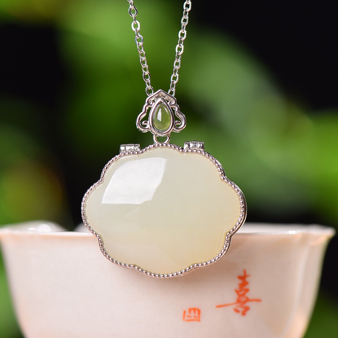 S925银镀18K金镶和田玉白玉如意锁宫廷复古吊坠汉服配饰玉坠项链