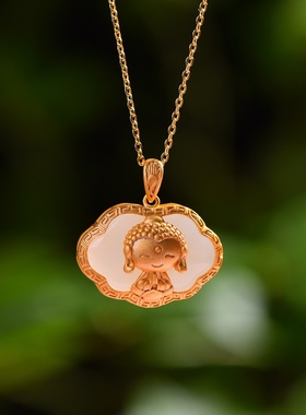 S925银镀18K金镶和田玉如意锁宝宝佛女复古吊坠汉服配饰玉坠项链