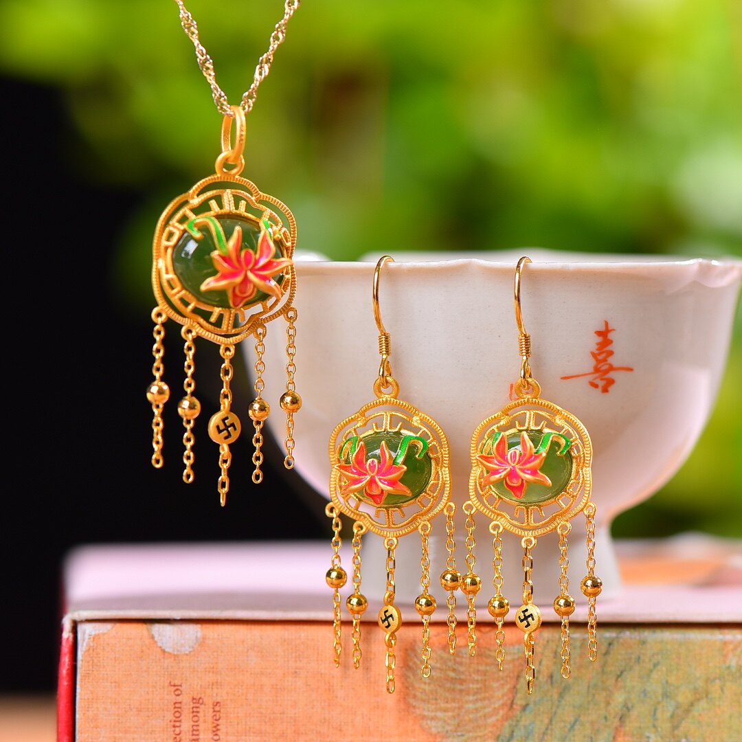 S925银镀18K金镶和田碧玉宫廷汉服配饰复古套装吊坠项链耳坠一套