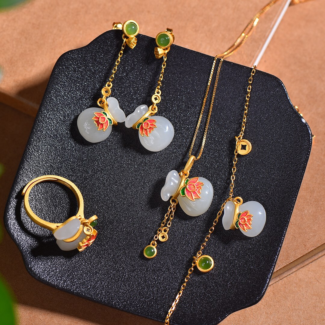 S925银镀18K金镶和田白玉福袋汉服配饰复古套装吊坠戒指耳坠手链