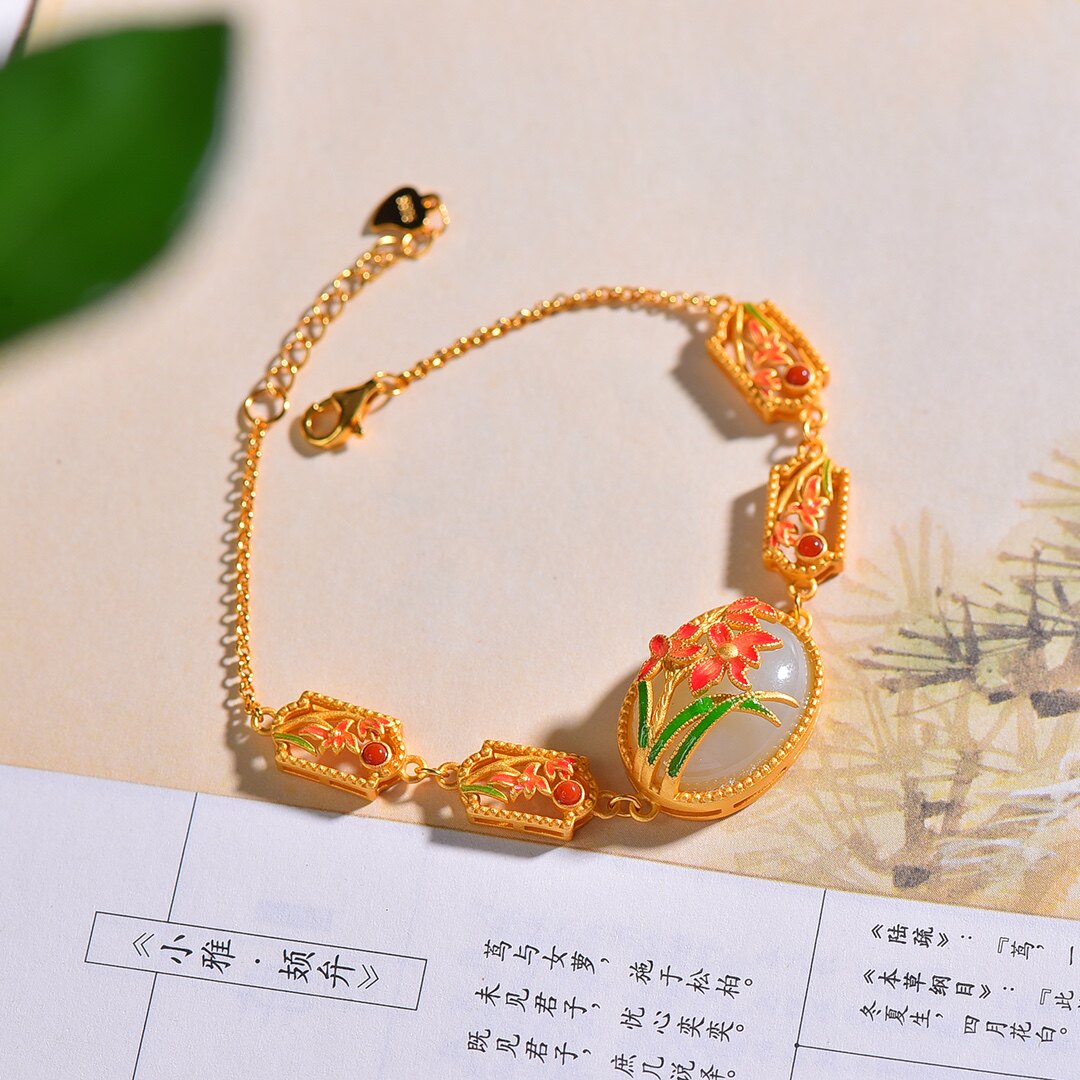 S925银镀18K金镶新疆和田白玉水仙花宫廷复古汉服配饰珐琅彩手链