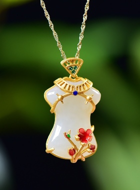 S925银镀18K金镶和田白玉旗袍珐琅宫廷复古吊坠汉服配饰玉坠项链