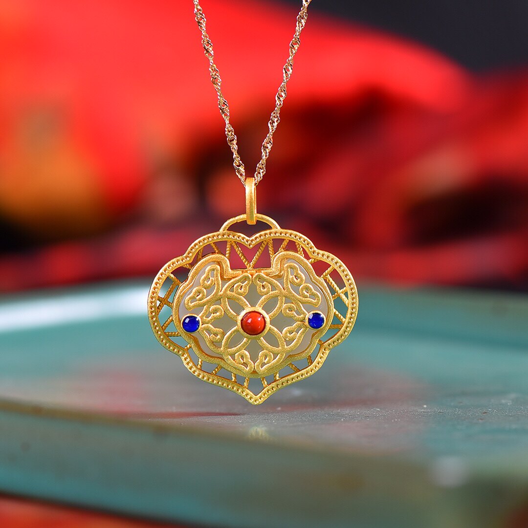 S925银镀18K金镶和田玉如意锁珐琅宫廷复古吊坠汉服配饰玉坠项链