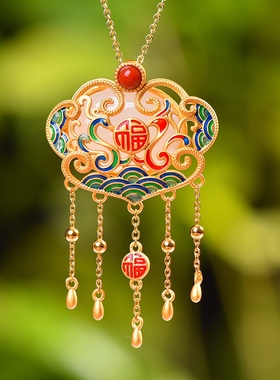 S925银镀18K金镶和田玉白玉如意锁宫廷复古吊坠汉服配饰玉坠项链