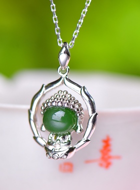 S925银镀18K金镶和田玉碧玉宝宝佛宫廷复古吊坠汉服配饰玉坠项链