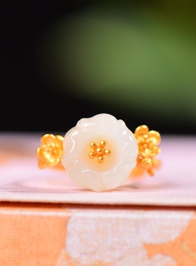 S925银镀18K金镶和田玉白玉荷花女宫廷复古戒指戒圈汉服配饰指环