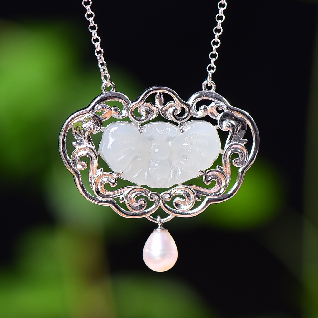 S925银镀18K金镶和田玉如意锁珐琅宫廷复古吊坠汉服配饰玉坠项链