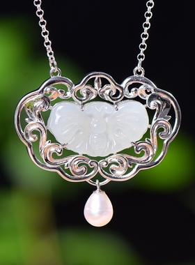 S925银镀18K金镶和田玉如意锁珐琅宫廷复古吊坠汉服配饰玉坠项链