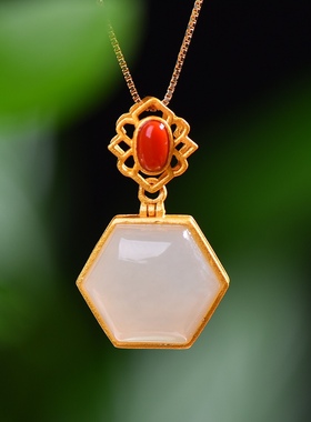 S925银镀18K金镶和田白玉香囊珐琅宫廷复古吊坠汉服配饰玉坠项链