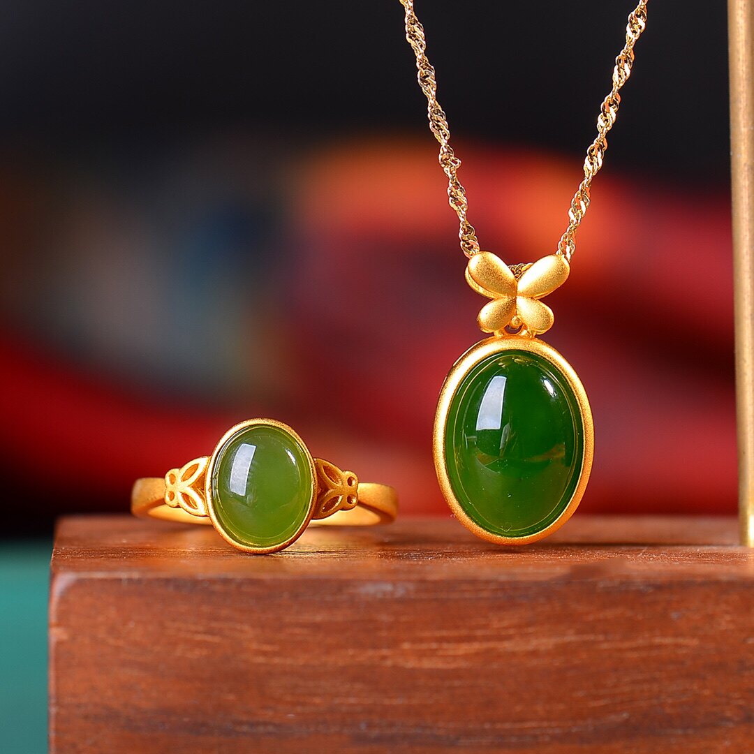 S925银镀18K金镶和田碧玉蛋面汉服配饰复古套装吊坠项链戒指一套