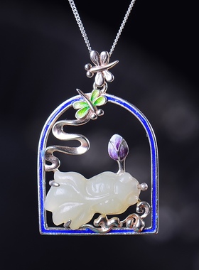 S925银镀18K金镶和田白玉金鱼珐琅宫廷复古吊坠汉服配饰玉坠项链