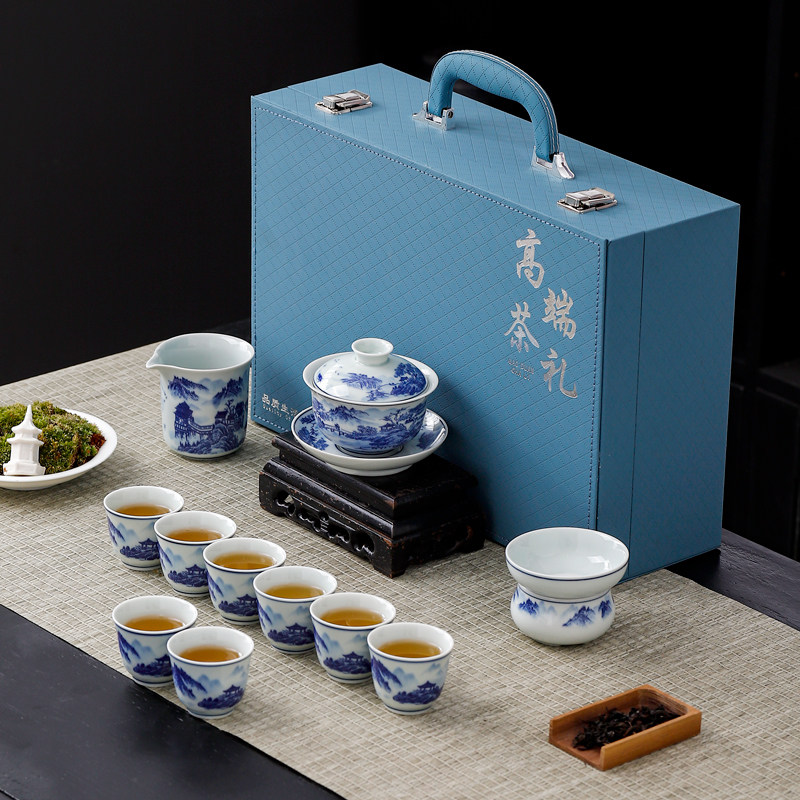 青花瓷功夫茶具套装仿古釉家用陶瓷复古盖碗中式茶杯礼盒商务礼品