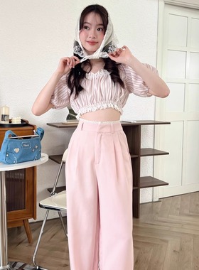 NANA代购【sunroom】少女条纹短款上衣阔腿休闲裤套装