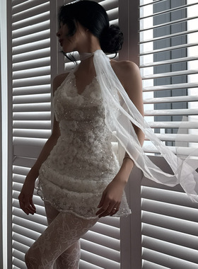 NANA代购【ninisesi】纯欲绣花薄纱花边挂脖露背连衣裙