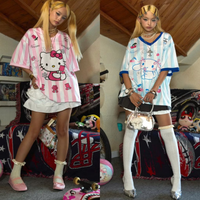 美少女战士Y2K宽条纹V领球衣T恤