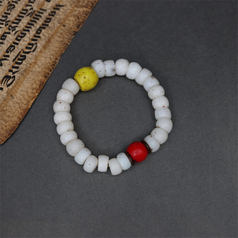 〓老〓8mm藏传清红黄雪巴琉璃西藏文玩古珠白色老琉璃手串