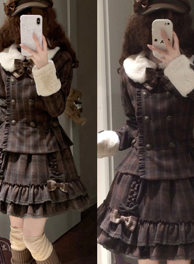 原创夹心巧克力系列甜蜜梦境Lolita冬装复古格纹洋装套装