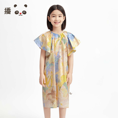 播broadcute童装女童连衣裙纯棉长裙梦马图案荷叶领短袖裙子夏季