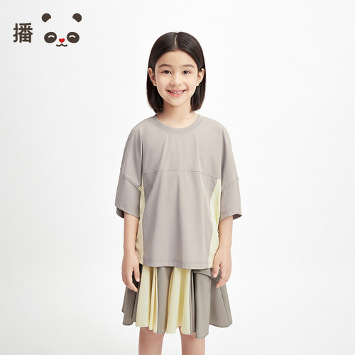 播broadcute童装儿童短袖男女童撞色拼接立体线条T恤宽松时髦夏季