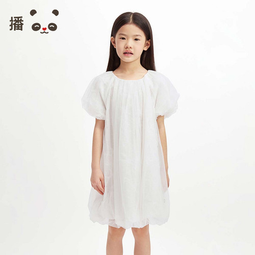 播broadcute童装女童连衣裙泡泡袖网纱裙白色连衣裙公主裙夏季