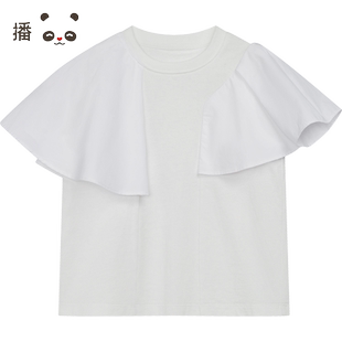 播broadcute童装舒适圆领纯棉短袖T恤拼接白色T恤衫KGR2H969
