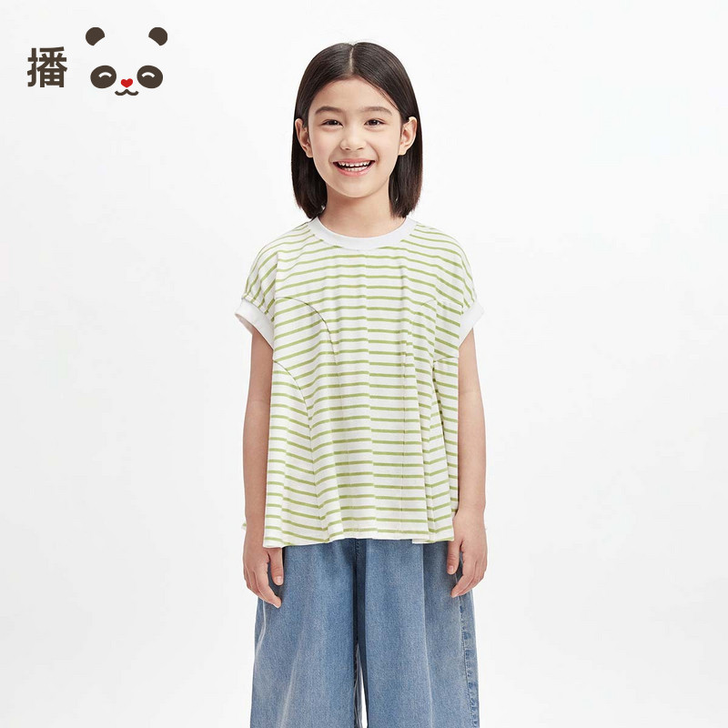 播broadcute童装儿童T恤无袖女童宽松下摆条纹短袖透气上衣夏季图片