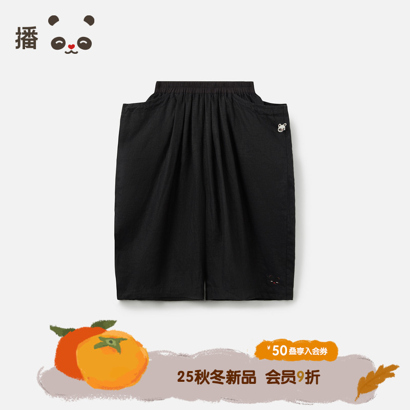 亚麻舒适松紧腰熊猫图案休闲短裤